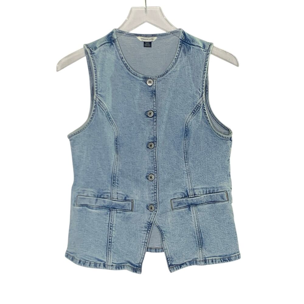 American Eagle AE Crew Neck Button Up Denim Vest M Light Wash Western Boho